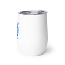 Side view of insulated white tumbler with partially visible front logo and transparent lid, designed for hot or cold beverages.
