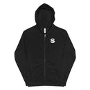 A black zip-up hoodie with a small white 'S' logo on the left chest, featuring a drawstring hood and front pockets.