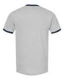 back view of a gray t-shirt with navy blue collar and sleeve accents