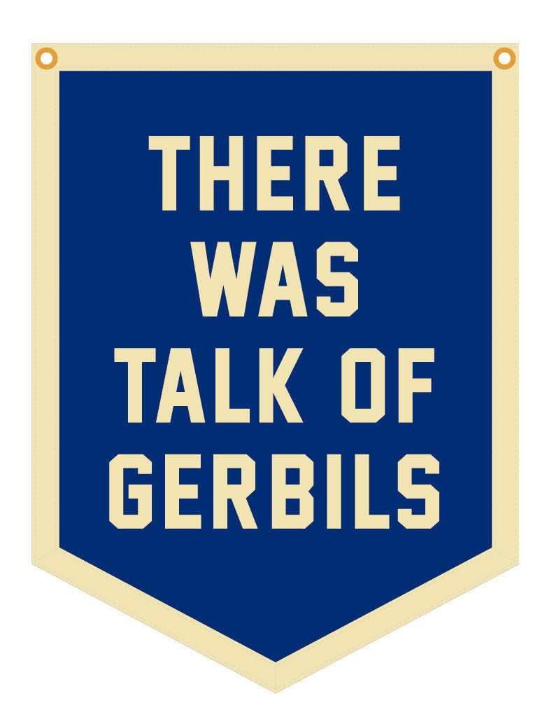 Navy banner with text that reads 'There Was Talk Of Gerbils'.