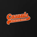 Close up of the front side orange and white 'Casuals WITH KATIE NOLAN' logo in retro font.