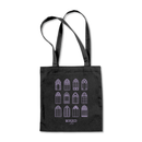 Front product view of a black canvas tote bag with long shoulder straps. The front is decorated with twelve lavender gothic cathedral window illustrations arranged in a 3-by-4 grid. Centered beneath the artwork, the logo reads ‘MORBID’ in lavender with ‘Live’ in smaller script below.