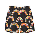 A pair of black swim trunks featuring an all-over repeating design of the word 'BYEEEEEEE' in bold, arched rainbow-colored text. A white 'SiriusXM' logo is printed near the right leg hem.