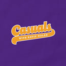 Close up of the front side yellow and white 'Casuals WITH KATIE NOLAN' logo in retro font.