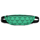 A bright green fanny pack is displayed against a white background with a black adjustable strap extended to both sides. The front of the bag has a black zipper and is covered in a repeating pattern of black winged staffs wrapped with two serpents, a symbol often used to represent medical professions and healthcare services.