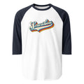 Raglan baseball t-shirt featuring the colorful text 'SmartLess' on a white background with navy sleeves.