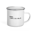 A white mug with a silver rim featuring '99% INVISIBLE' in black letters.