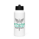 White stainless steel water bottle standing upright with a black screw-on straw lid. The front of the bottle displays a detailed grayscale caduceus symbol above the phrase 'STAYING ALIVE' in bold, teal capital letters with stylized EKG lines on either side. Below the main text are the names 'JON GABRUS' and 'ADAM PALLY' in black capital letters.