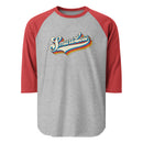 Raglan baseball t-shirt featuring the colorful text 'SmartLess' on an athletic heather background with red sleeves.