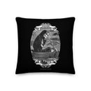 Square black throw pillow on a plain white background featuring a detailed black-and-white vintage-style illustration of a hooded skeleton rowing a small wooden boat, framed by ornate scrollwork. The lower ribbon reads ‘MORBID’ and ‘2018,’ and the caption beneath the oval artwork reads ‘SHE BECOMETH SO LAME.’