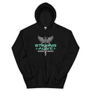 Flat-lay of a black hoodie with a centered design that includes a winged caduceus, the words 'STAYING ALIVE' in aqua-green, a heartbeat line, and the names 'JON GABRUS' and 'ADAM PALLY' in white below.