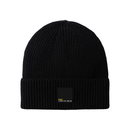 A black knit beanie with a folded cuff featuring a small rectangular patch that reads ‘99% Invisible’ in white and yellow text.