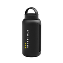 A matte black water bottle with a handle lid and vertical text reading ‘99% Invisible’ in white and yellow lettering.