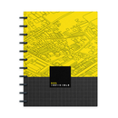 A yellow and black spiral-bound notebook with a geometric map illustration and a grid pattern cover, featuring the ‘99% Invisible’ logo in white and yellow text.