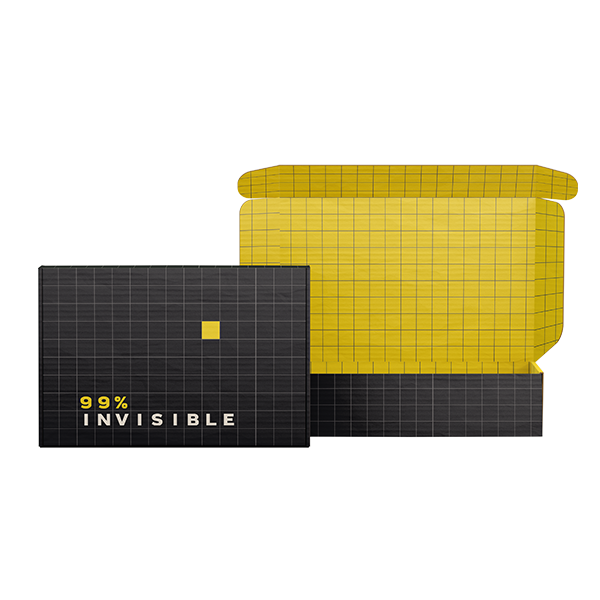 A set of two black and yellow grid-patterned mailer boxes—one open and one closed—each labeled ‘99% Invisible’ in white and yellow text.