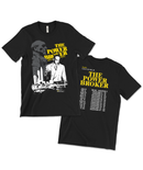 Black t-shirt featuring illustrations and text related to 'The Power Broker,' with a design on the front and a list of chapters on the back.