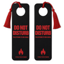 Product view showing the front and back of a black door-hanger-style bookmark to demonstrate its double-sided printing. Both sides feature identical red text reading ‘DO NOT DISTURB’ and ‘I’M LISTENING TO VIBE CHECK.’ with a red flame graphic above ‘