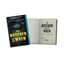 Product image of the signed novel ‘THE BUTCHER AND THE WREN’ by ‘ALAINA URQUHART’. The front cover features a close-up eye with a silhouette inside and the title ‘THE BUTCHER AND THE WREN’. Next to it, the book is open to a title page showing the title, author name, publisher ‘ZANDO’, and an author signature.