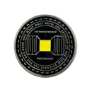 One side of black coin featuring a central yellow square and text that reads 'THE POWER BROKER,' '99% INVISIBLE,' and 'ONE MUST WAIT UNTIL THE EVENING TO SEE HOW SPLENDID THE DAY HAS BEEN'