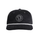 A black corduroy cap with a white embroidered circular logo on the front, featuring a simple line drawing of a face with swooped hair. The hat has a white decorative rope along the brim.