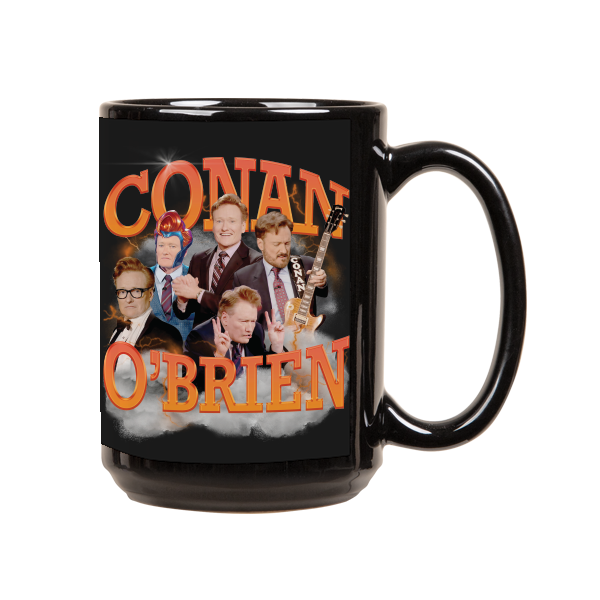 A product image of a black ceramic mug with an orange ‘CONAN O’BRIEN’ graphic, displaying multiple images of Conan O’Brien, including one with him playing guitar, set against a cloudy background.