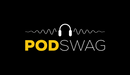 Logo featuring the text PODSWAG with headphones and sound waves on a black background.
