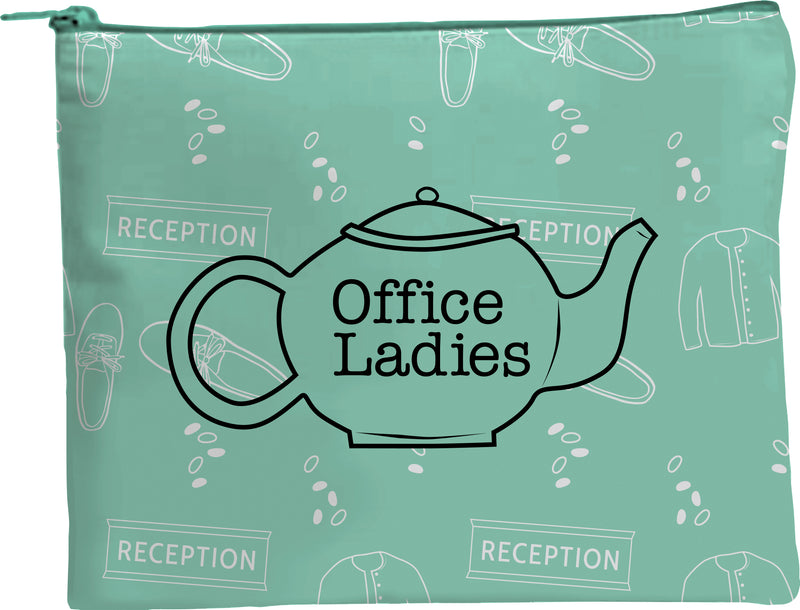 Mint green pouch with tea pot graphic and text Office Ladies, featuring reception-related doodles.