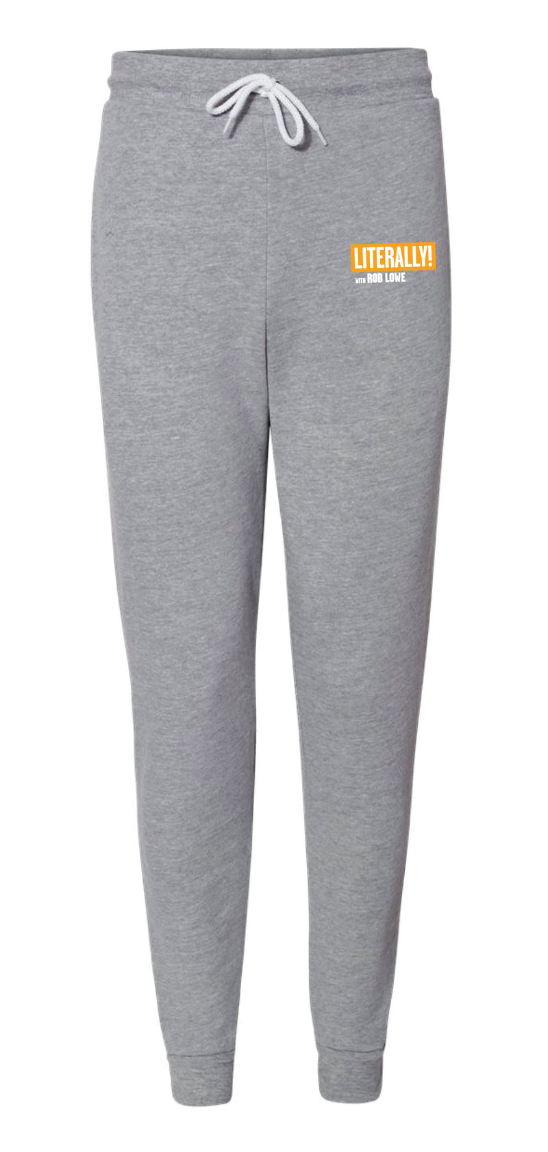 Gray sweatpants with drawstring and logo print for Literally! with Rob Lowe.