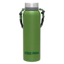Back side of green insulated water bottle with a stainless steel lid and handle, featuring text 'CONAN O'BRIEN NEEDS A FRIEND.'