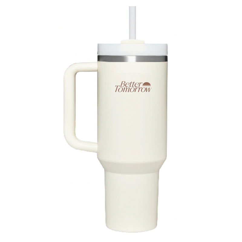 Insulated tumbler with handle and straw, featuring 'Better Tomorrow' logo in brown on cream background.
