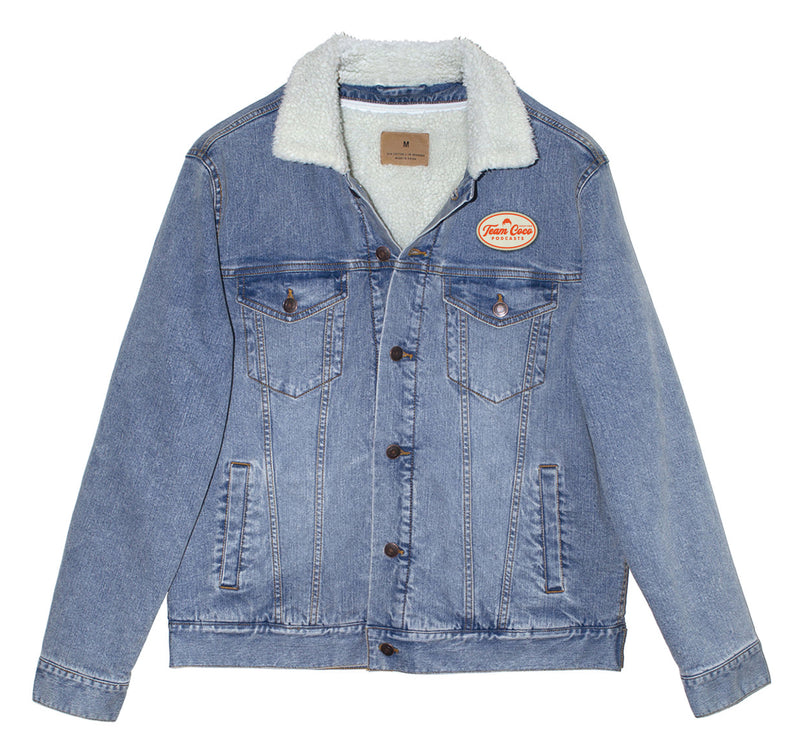 Denim jacket with shearling collar and front pockets featuring a 'Team Coco' patch on the left side