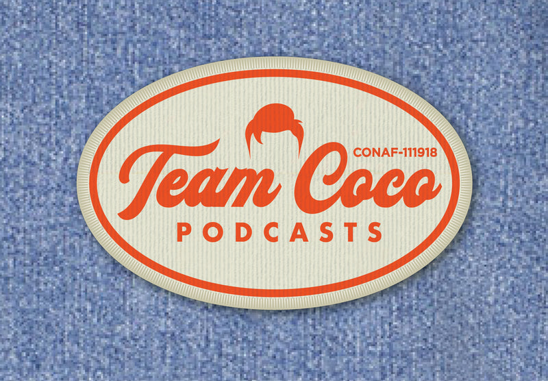 Team Coco Podcasts' logo on a denim background with an oval shape and vibrant orange font.