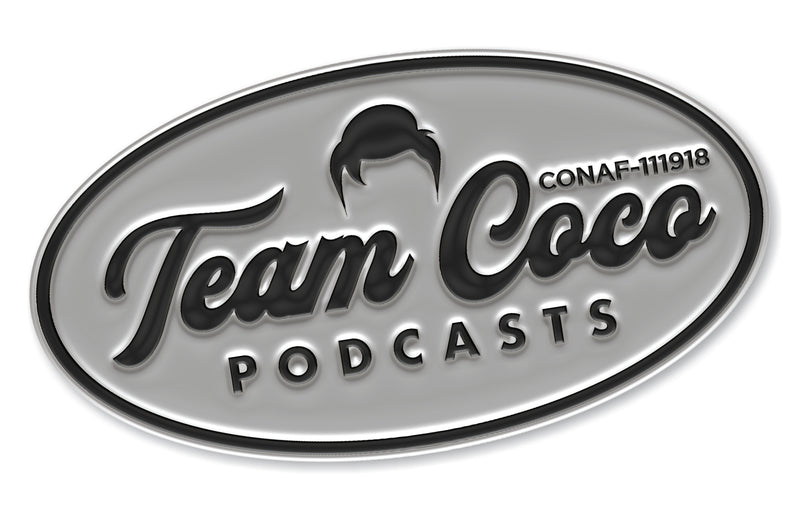 Logo for 'Team Coco Podcasts' featuring the name in a stylish font with an iconic hairstyle silhouette above.