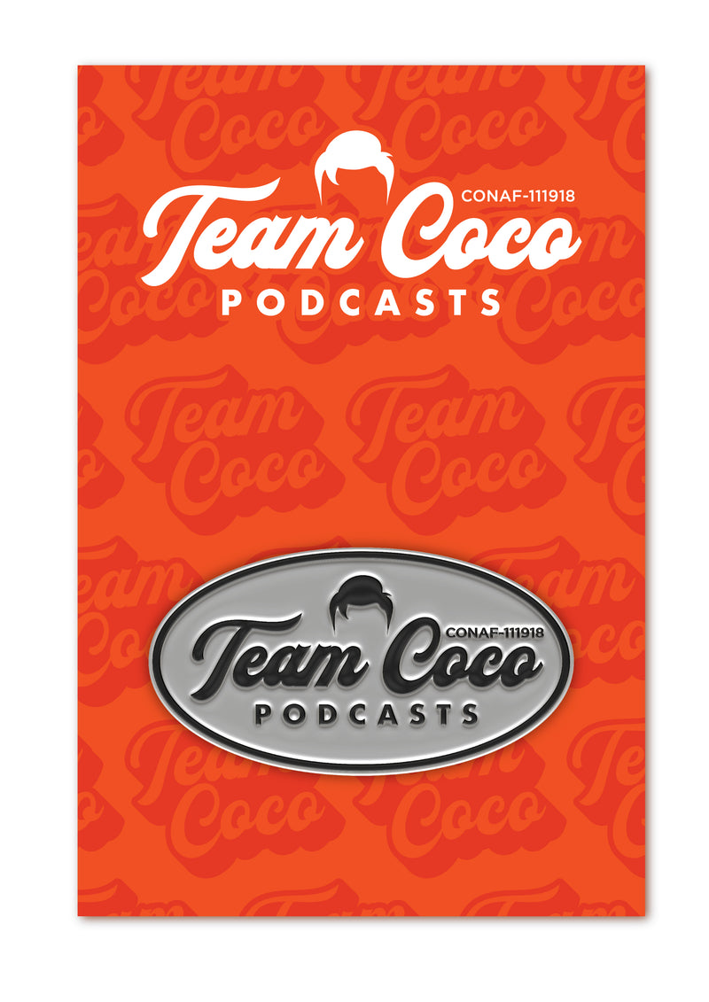 Team Coco Podcasts' logo on an orange background with the name repeated in a lighter shade.