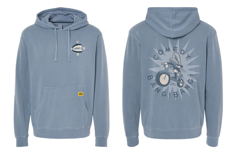 Blue hoodie with front teeth logo and graphic on back featuring a 'Comedy Bang Bang' logo.