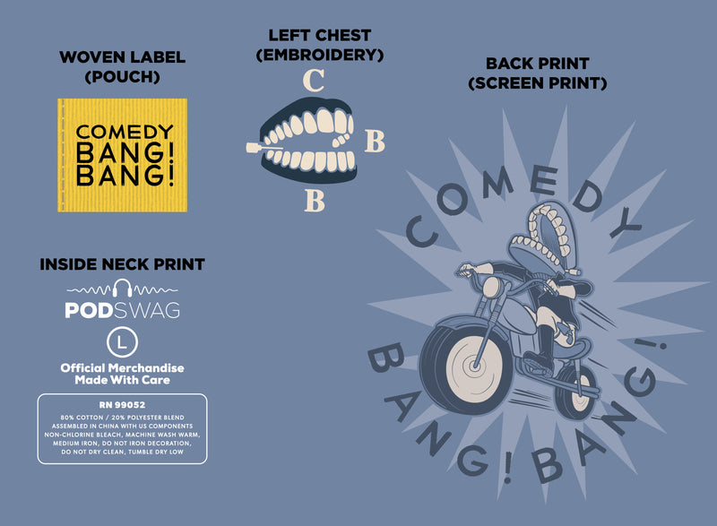 Design layout for 'Comedy Bang! Bang!' hoodie featuring embroidered chest logo and illustrated back print of a character on a motorcycle.