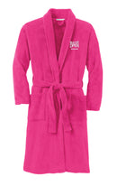 Pink bathrobe featuring the text 'BUSTED OPEN' and 'SiriusXM' logo.