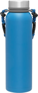 Blue water bottle with a silver cap and a blue corded strap.