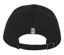The black baseball cap viewed from the back. It features an adjustable strap with a brass buckle. A small black tag with white text reading 'HOW DID THIS GET MADE?' is sewn onto the back of the cap, resembling a film strip design.