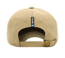 Rear view of a tan baseball cap featuring a black woven tag with the word 'SMARTLESS' in white text above a blue and white 'SiriusXM' S logo, placed on the back seam above the adjustable brass buckle strap.