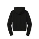 Back product view of a black cropped hoodie with a plain, unprinted back. The hoodie has a cropped fit, attached hood, long sleeves, ribbed cuffs, and a ribbed hem.