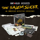 Black promotional image for the Hunt A Killer x Morbid immersive detective game ‘The Salem Slicer,’ showing the game box surrounded by evidence files, newspaper clippings, a locked pen case, bloodstained scrunchie, lockbox key, and other physical clues spread across a dark wood surface. Large yellow text reads ‘THE SALEM SLICER’ with smaller text ‘AN IMMERSIVE DETECTIVE EXPERIENCE.’