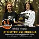 Promotional image of Morbid podcast hosts Ash and Alaina standing outdoors in a wooded setting holding the Hunt A Killer x Morbid game ‘The Salem Slicer.’ Ash wears a black sweatshirt with eerie monochrome graphics, while Alaina wears a white sweatshirt with horror imagery. Text reads ‘GET READY FOR A KILLER COLLAB.’ and notes an ‘EXCLUSIVE MORBID PODCAST EPISODE.’