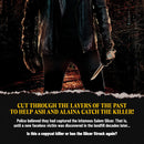 Dark horror-style promotional image showing a shadowy figure in a leather jacket holding a knife in a forest at night. Large yellow text reads ‘CUT THROUGH THE LAYERS OF THE PAST TO HELP ASH AND ALAINA CATCH THE KILLER!’ Additional text describes the mystery surrounding the infamous ‘Salem Slicer.’