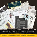Overhead view of physical evidence included in the Hunt A Killer x Morbid ‘The Salem Slicer’ game, including suspect profiles, police reports, newspaper clippings, a bloodstained scrunchie, locked pen case, missing person flyer, and detective letter. Text along the bottom lists ‘Difficulty: Easy,’ ‘1+ Players,’ ‘Ages 17+,’ and contents including ‘24 Pieces Of Physical Evidence,’ ‘1 Locked Box,’ and ‘1 Solution Envelope.’