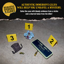 Promotional image showing realistic evidence clues from ‘The Salem Slicer,’ including numbered evidence markers, a bloodstained blue scrunchie, a locked metal pen case, a small figurine, and a gray drawstring pouch on a concrete floor. Text reads ‘AUTHENTIC IMMERSIVE CLUES WILL HELP YOU UNRAVEL A MYSTERY.’