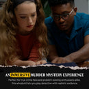 Lifestyle image of two people examining evidence while playing a Hunt A Killer detective game. A woman in an orange sweater and black headband and a man wearing glasses and a blue shirt lean closely over documents and clues on a table. Text reads ‘AN IMMERSIVE MURDER MYSTERY EXPERIENCE’ and explains that the game lets true crime fans and problem-solving enthusiasts play detective using realistic evidence.