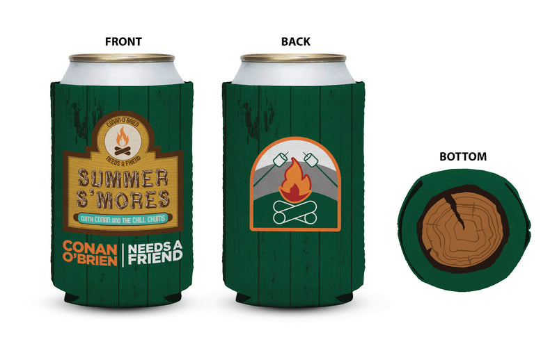 Green beer koozie featuring 'Summer S'mores' text and campfire theme, and a wooden log pattern on the bottom.