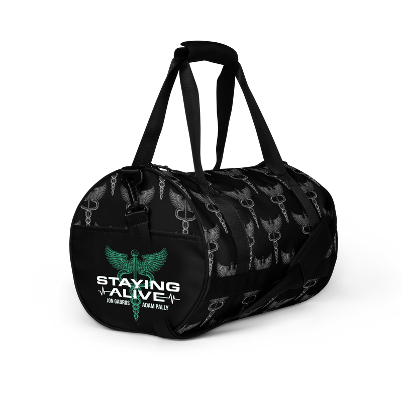 Black gym back with all over design and "Staying Alive" logo on side.