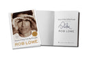 Book cover and signed page of 'Stories I Only Tell My Friends by Rob Lowe' featuring a black and white image of the author.